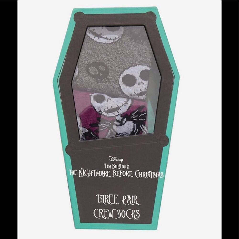 3 pack of The Nightmare Before Christmas crew socks in coffin shaped box